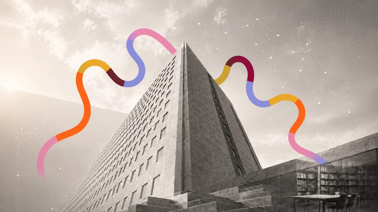 Bunte, geschwungene Pfade, die mögliche Zukünfte zu einem monumentalen Bibliotheksgebäude nachzeichnen.